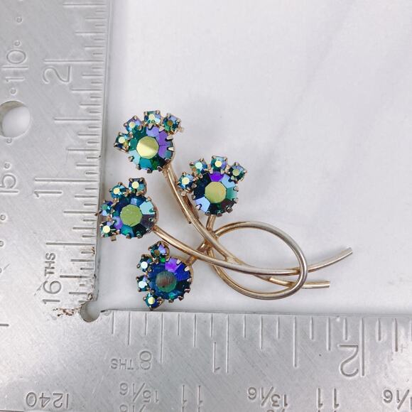 Mid Century Blue AB Rhinestone Bouquet Floral Spray Brooch, 1950s AB Vintage Pin - Picture 8 of 9